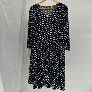 Susan Graver Liquid Knit Dress Size XL Polka Dot Navy And White Stretch Midi